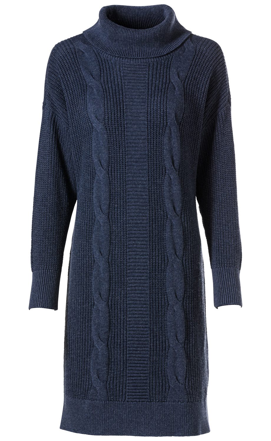 Dunkelblaues Baumwoll-Mix-Kleid mit Rollkragen, langärmlig, geripptem Strickmuster und Zopfmuster entlang der Vorderseite, knielang, gerade geschnitten
