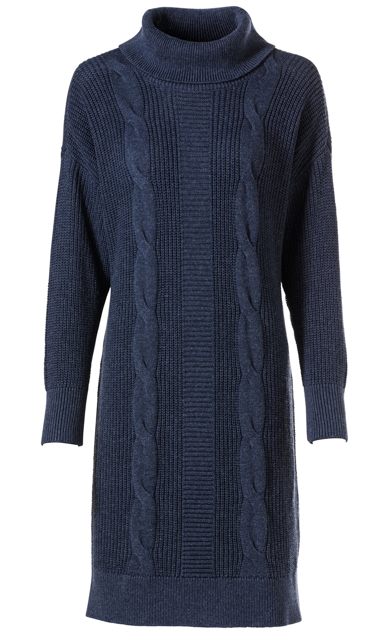 Dunkelblaues Baumwoll-Mix-Kleid mit Rollkragen, langärmlig, geripptem Strickmuster und Zopfmuster entlang der Vorderseite, knielang, gerade geschnitten