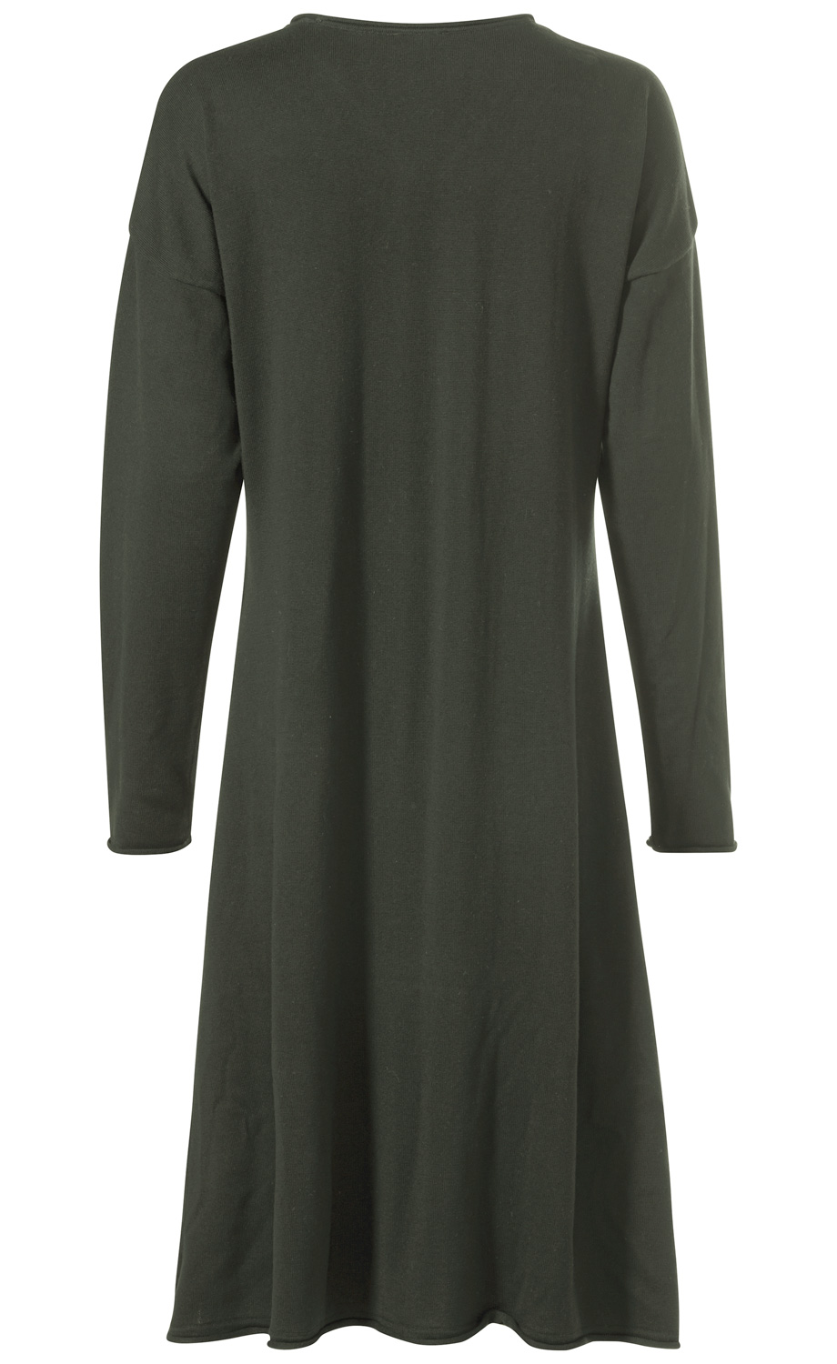 Dunkelgrünes, langärmliges Midikleid aus weichem Stoff mit rundem Halsausschnitt, weiter Passform und leicht ausgestelltem Rock, Rückenansicht, schlicht und ohne Muster oder Verzierungen