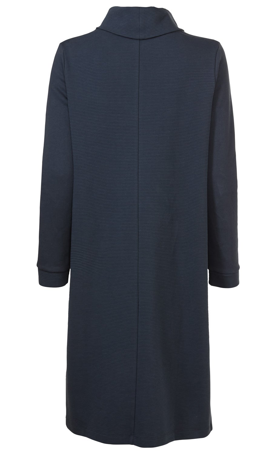 Baumwoll-Kleid in Dunkelblau, Rückansicht, langärmlig, mittellang, feine horizontale Struktur, gerader Schnitt, hoher Kragen, schlichte und elegante Optik