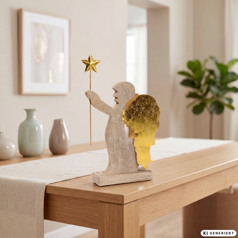 Holzfigur eines Engels mit goldenen Flügeln und Sternstab, auf einem Holztisch mit beigem Läufer, im Hintergrund unscharfe Vasen und grüner Zimmerpflanze vor cremefarbenen Wänden