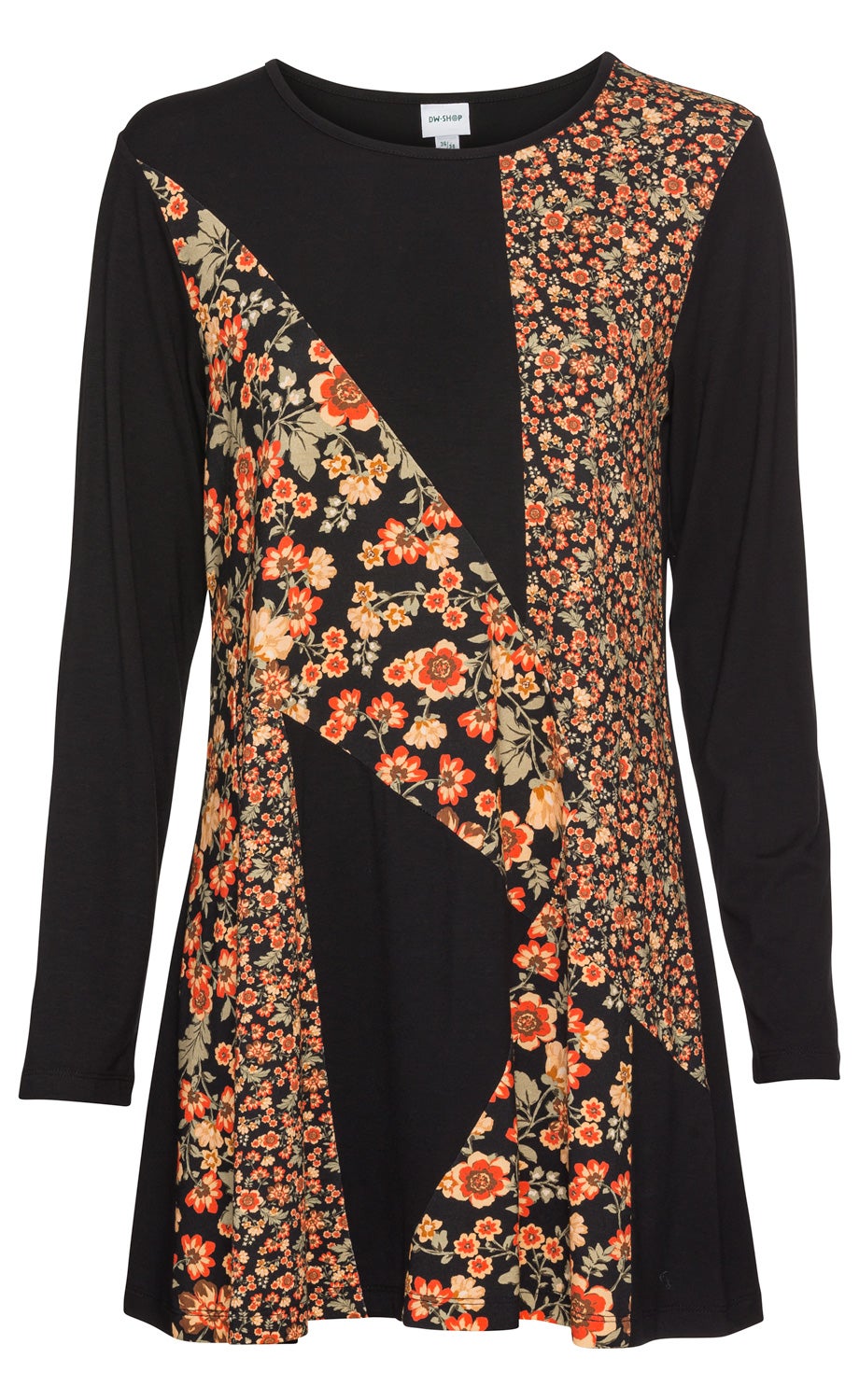 Schwarz-orange Viskose-Mix-Shirt mit langen Ärmeln, asymmetrischen floralen Mustern in verschiedenen Orangetönen und beigefarbenen Blüten, Rundhalsausschnitt, locker fallend, modisches Damenshirt
