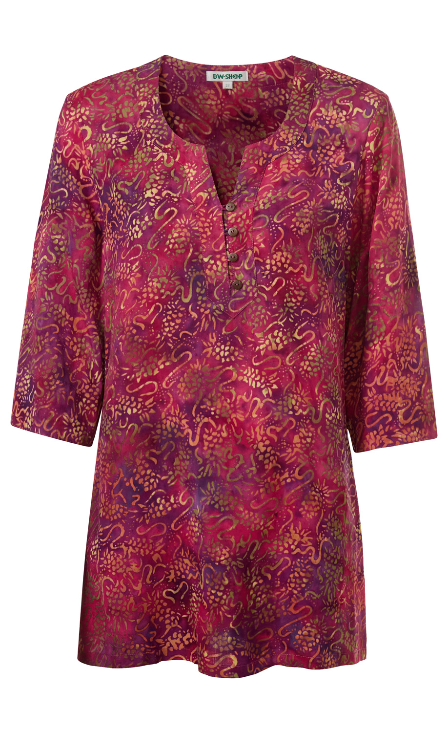 Damen Viskose-Bluse in Pink mit buntem abstraktem Muster, 3/4-Arm, Rundhalsausschnitt mit V-Öffnung und vier Knöpfen, locker geschnitten, leichte, fließende Qualität