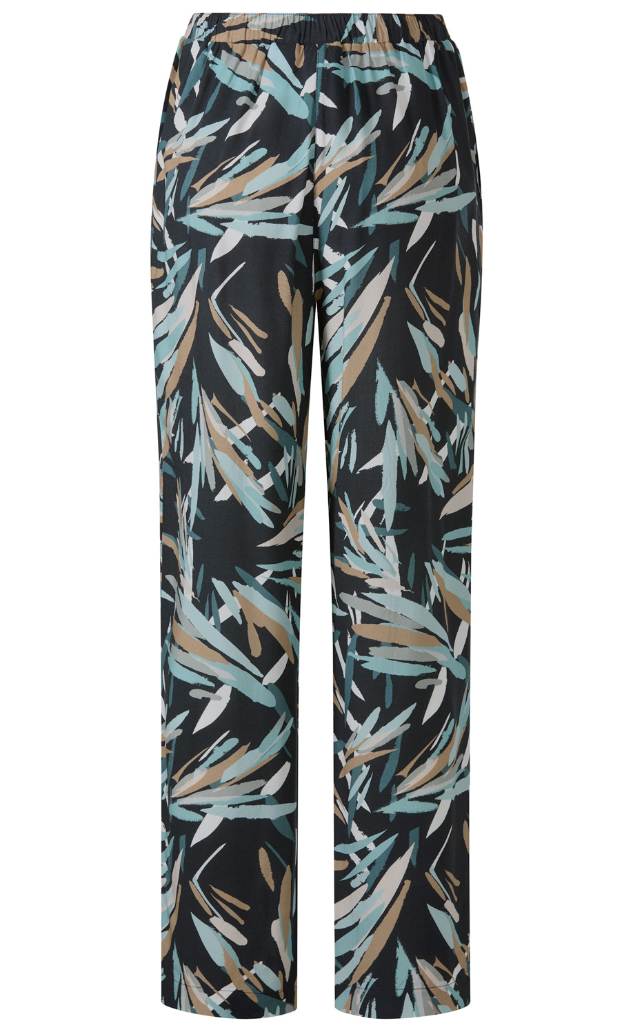 Viskose-Hose mit weitem Bein, elastischem Bund, schwarzem Hintergrund und abstraktem Muster in Blau-, Beige- und Weißtönen