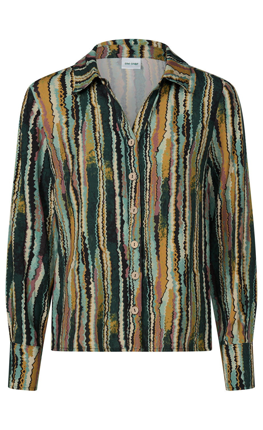 Damenbluse mit langem Arm, Hemdkragen, Knopfleiste, abstraktem Zickzack-Streifenmuster in Grün-, Gelb-, Braun- und Blautönen, leichte Textur, gerade geschnitten, femininer Stil
