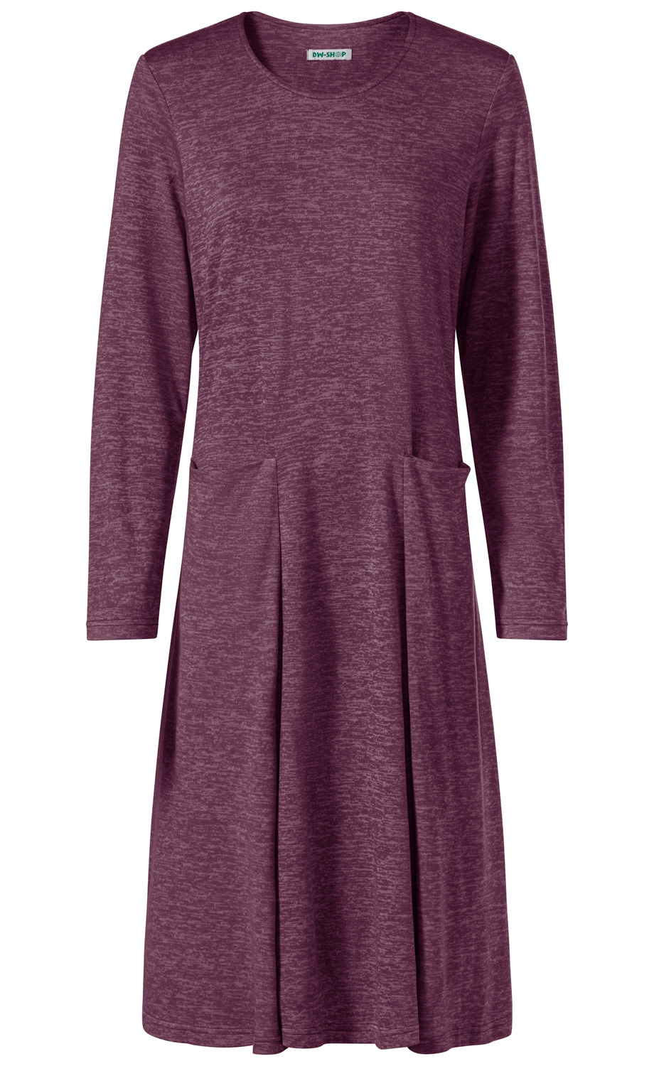Lila Viskose-Mix-Kleid mit langen Ärmeln, Rundhalsausschnitt und zwei seitlichen Eingrifftaschen, knielang, leicht melierte Struktur, lockerer Schnitt