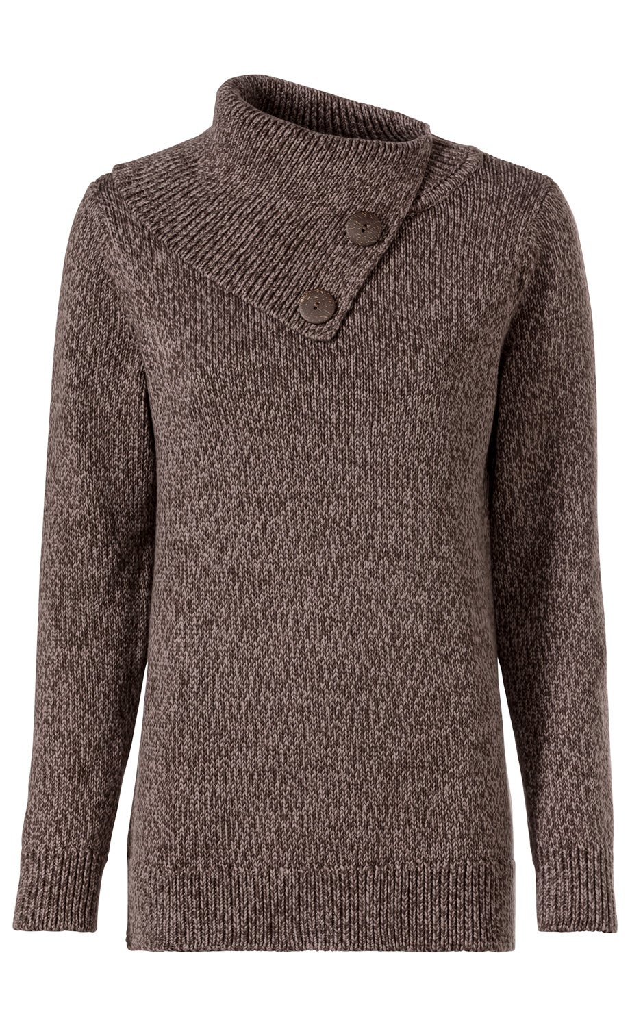Brauner Baumwoll-Pullover mit langer Passform, asymmetrischem Kragen und zwei braunen Knöpfen, grob gestrickt, mit gerippten Bündchen am Saum und an den Ärmeln, warmer und bequemer Stil