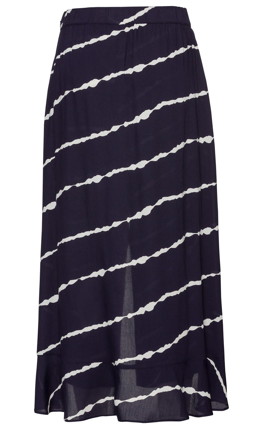 Viskose-Hosenrock dunkelblau mit weißen diagonalen Streifen, elastischer Bund, leicht transparentes Material, locker fallender Schnitt mit Volant am Saum