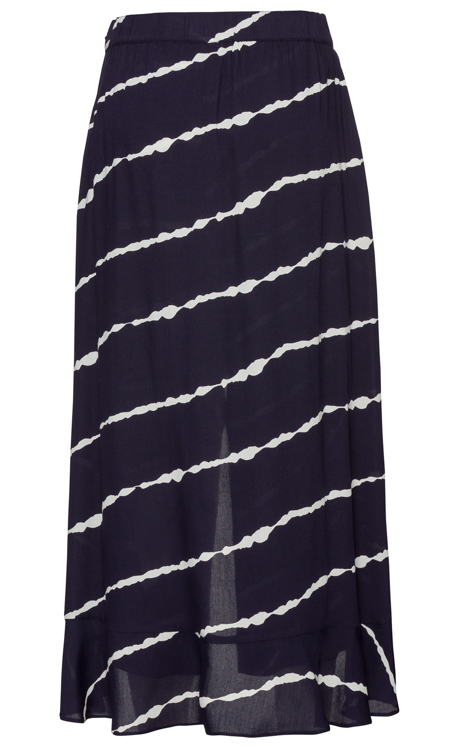 Viskose-Hosenrock dunkelblau mit weißen diagonalen Streifen, elastischer Bund, leicht transparentes Material, locker fallender Schnitt mit Volant am Saum