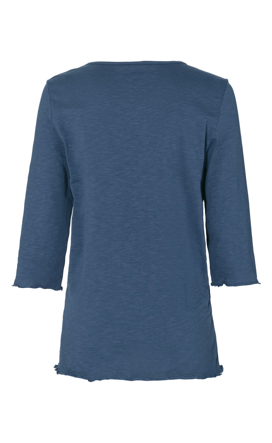 Baumwoll-Shirt in Dunkelblau, Rückansicht, 3/4-Ärmel, schmal geschnitten, leicht strukturierter Stoff, dekorative gewellte Saumabschlüsse an Ärmeln und Bund