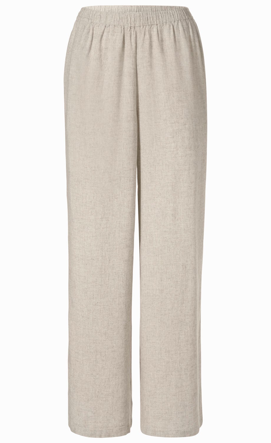 beige Viskose-Mix-Hose mit weitem Bein, elastischem Bund und lockerem Schnitt, einfarbig, ohne Muster oder Verzierungen, leichter Stoff mit feiner Textur