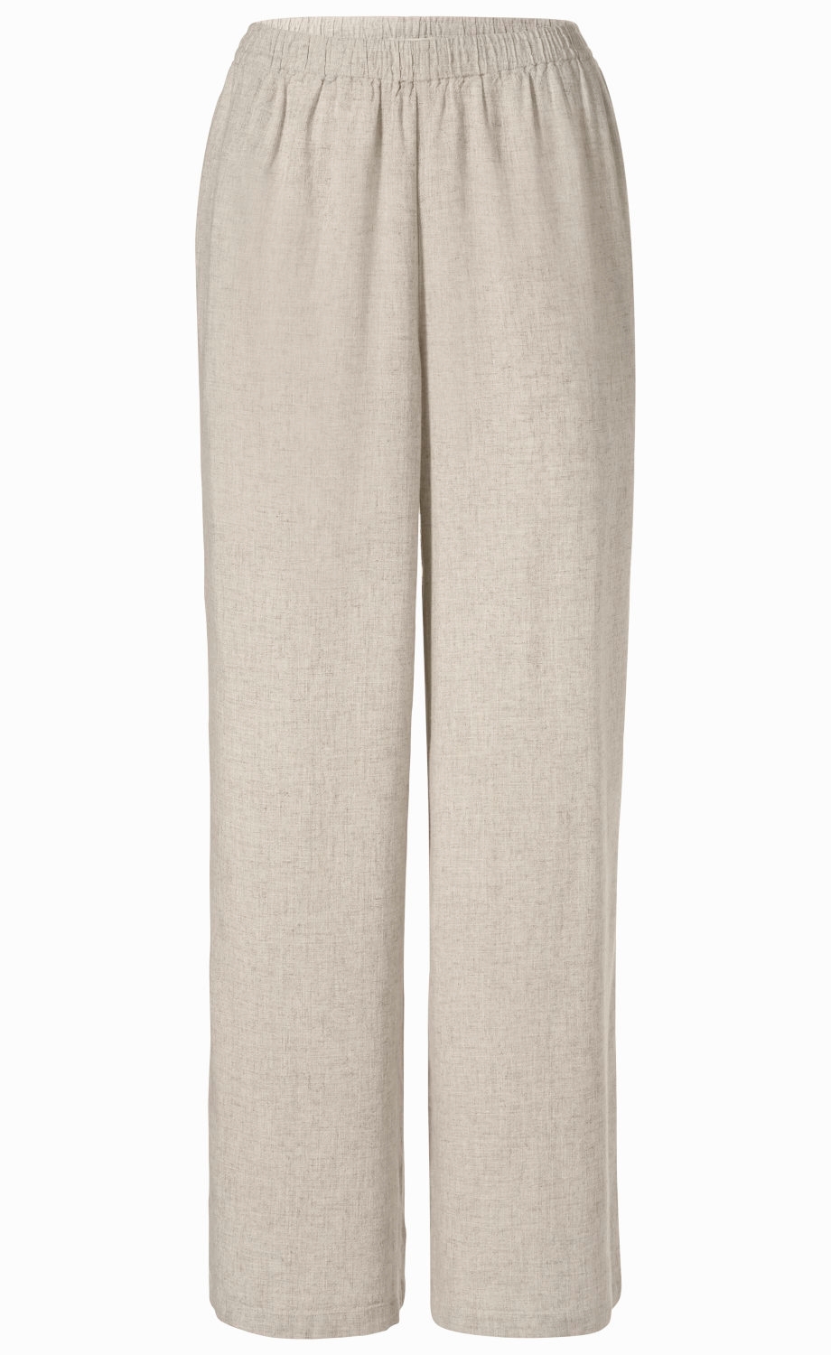 beige Viskose-Mix-Hose mit weitem Bein, elastischem Bund und lockerem Schnitt, einfarbig, ohne Muster oder Verzierungen, leichter Stoff mit feiner Textur