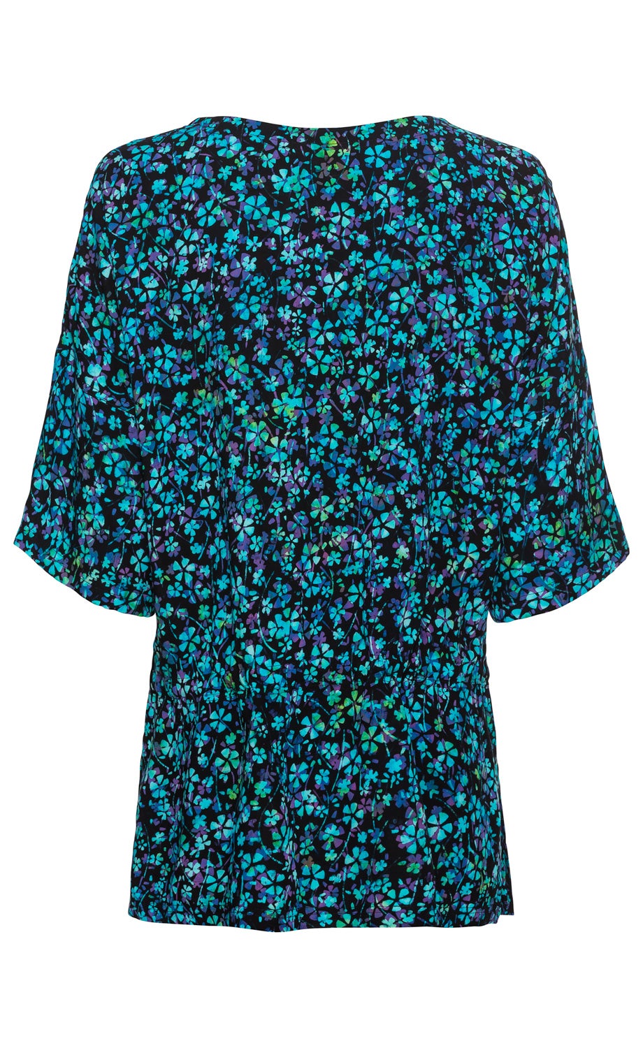 Rückansicht einer Viskose-Bluse mit dunkelblauem Hintergrund und Allover-Muster aus kleinen blauen, türkisen und violetten Blumen, kurze Ärmel, leichter Stoff, taillierter Schnitt.