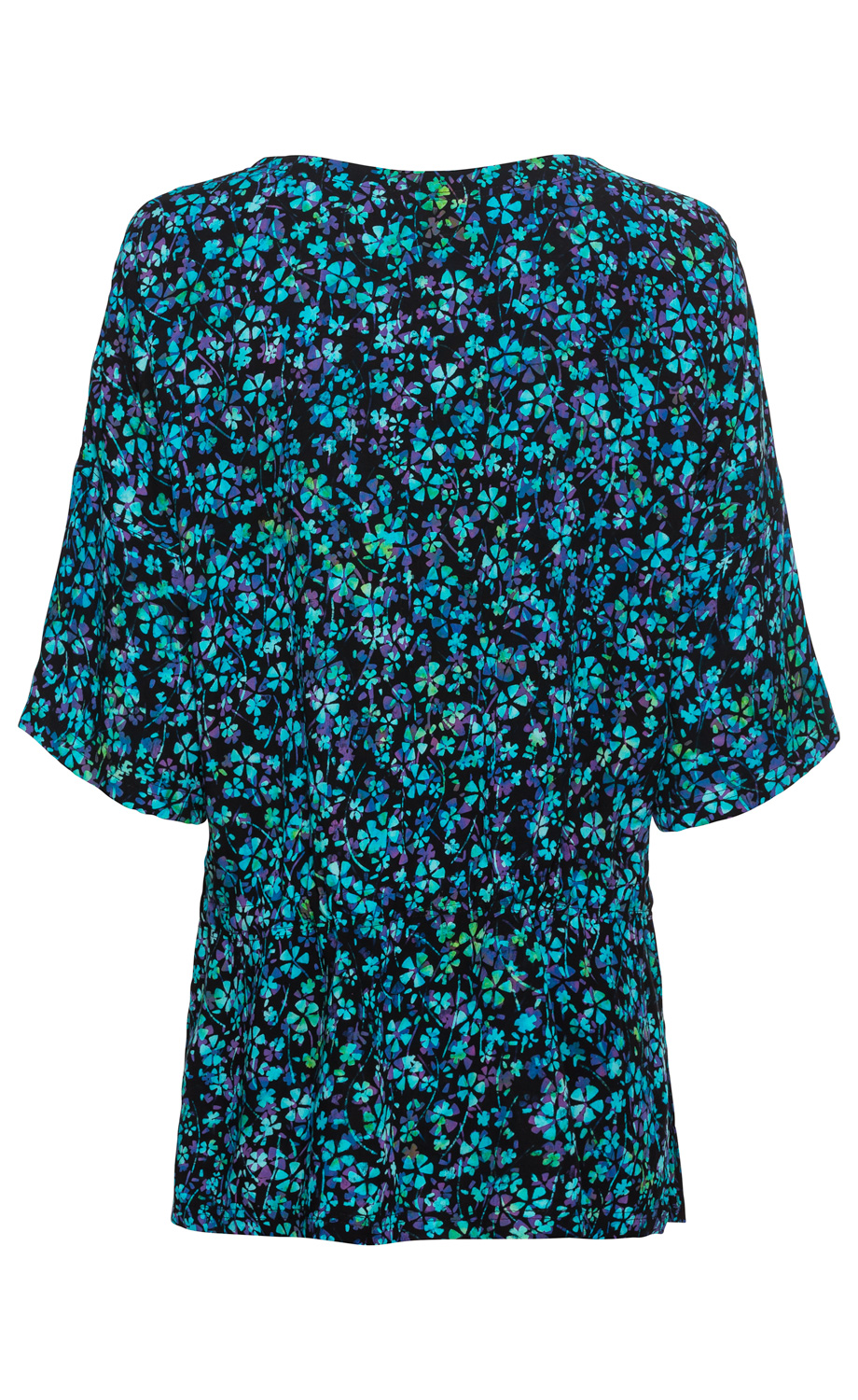 Rückansicht einer Viskose-Bluse mit dunkelblauem Hintergrund und Allover-Muster aus kleinen blauen, türkisen und violetten Blumen, kurze Ärmel, leichter Stoff, taillierter Schnitt.