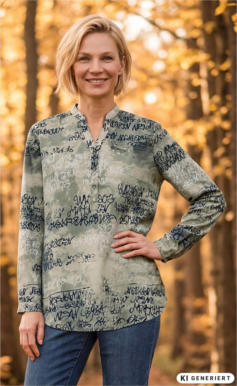 Frau trägt grün-graue Baumwoll-Bluse mit schwarzem und weißem abstraktem Schriftmuster, steht vor Herbstwald mit gelb-orangefarbenen Blättern, lächelt, eine Hand in Hüfte, blaue Jeans