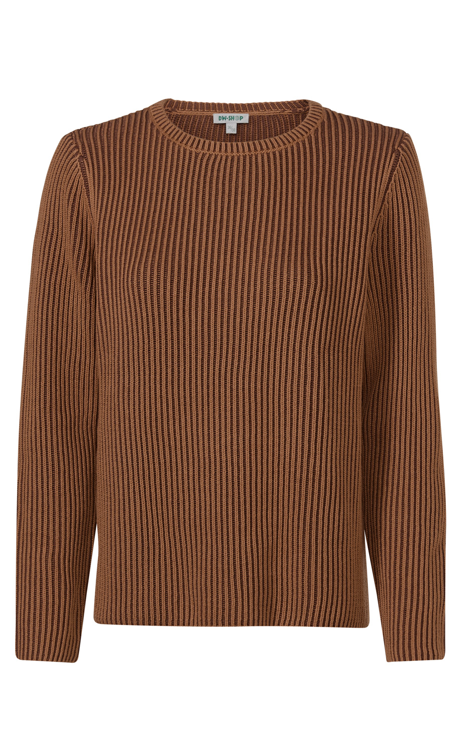 Baumwoll-Pullover in Braun mit feinem Rippstrickmuster, rundem Halsausschnitt und langen Ärmeln, gerade geschnitten, schlicht und zeitlos