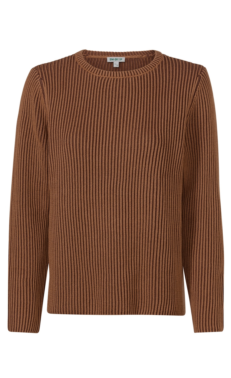 Baumwoll-Pullover in Braun mit feinem Rippstrickmuster, rundem Halsausschnitt und langen Ärmeln, gerade geschnitten, schlicht und zeitlos