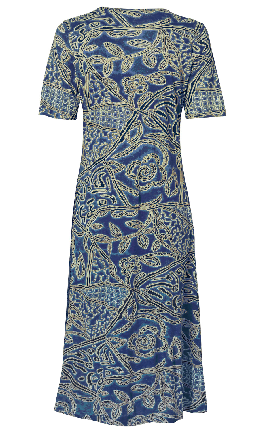 Blaues Viskose-Kleid mit kurzen Ärmeln, knieumspielender Länge und cremefarbenem, floralem und geometrischem Muster