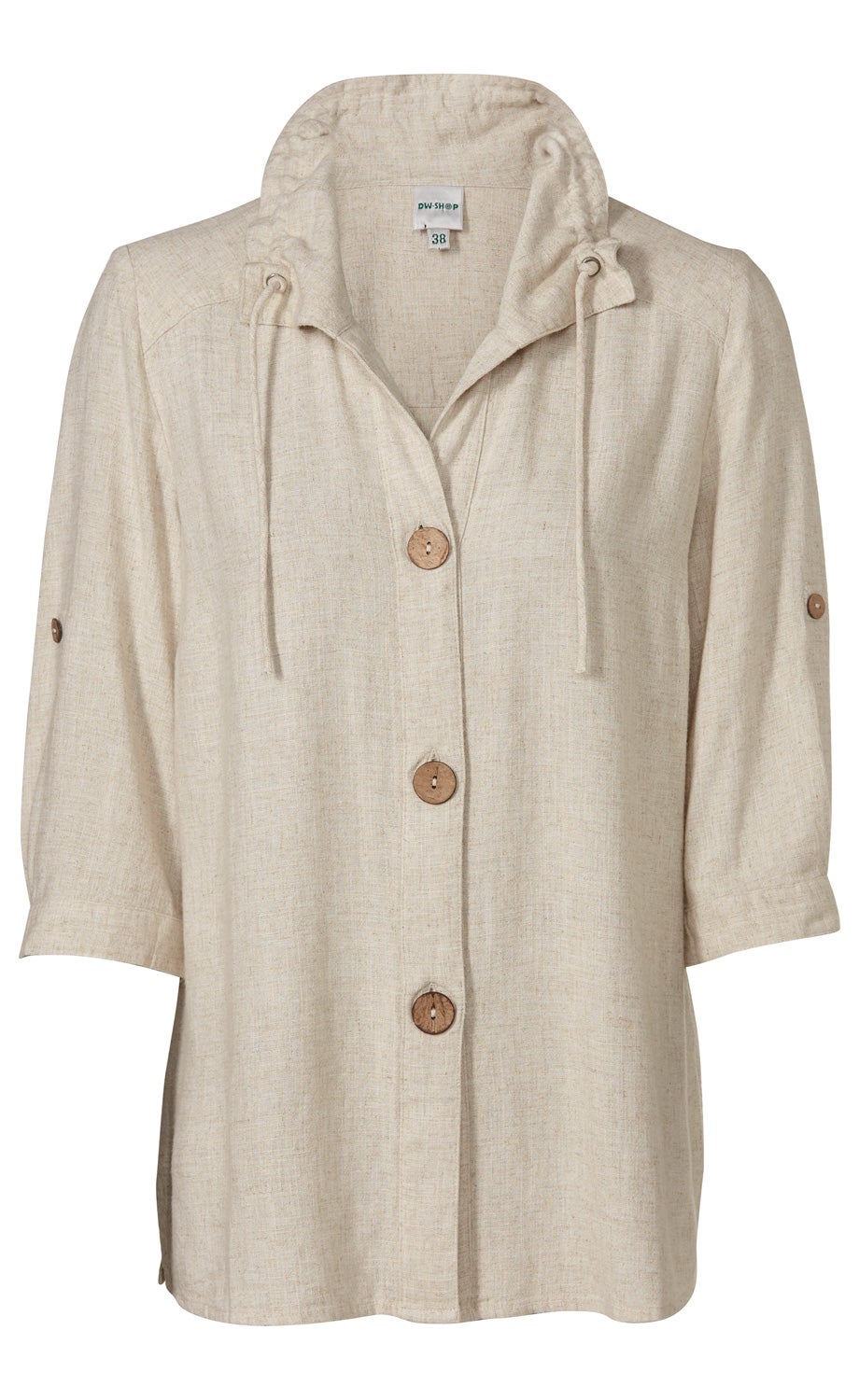 Beige Viskose-Mix-Bluse mit kurzen Ärmeln, Kapuze mit Kordelzug, durchgehender Knopfleiste und braunen Knöpfen, legere Passform, Größe 38, Textur ähnlich Leinen, schlichtes Design