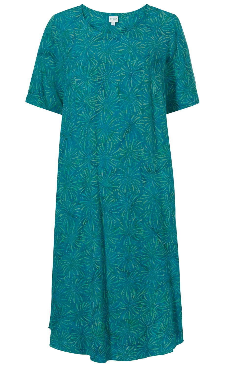 türkises Viskose-Kleid mit kurzen Ärmeln, Rundhalsausschnitt und abstraktem, floralen Muster in verschiedenen Grüntönen, knieumspielende Länge, locker geschnitten
