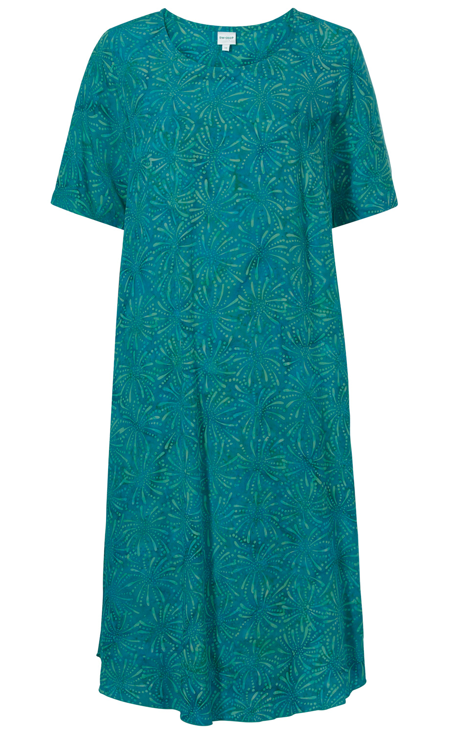 türkises Viskose-Kleid mit kurzen Ärmeln, Rundhalsausschnitt und abstraktem, floralen Muster in verschiedenen Grüntönen, knieumspielende Länge, locker geschnitten