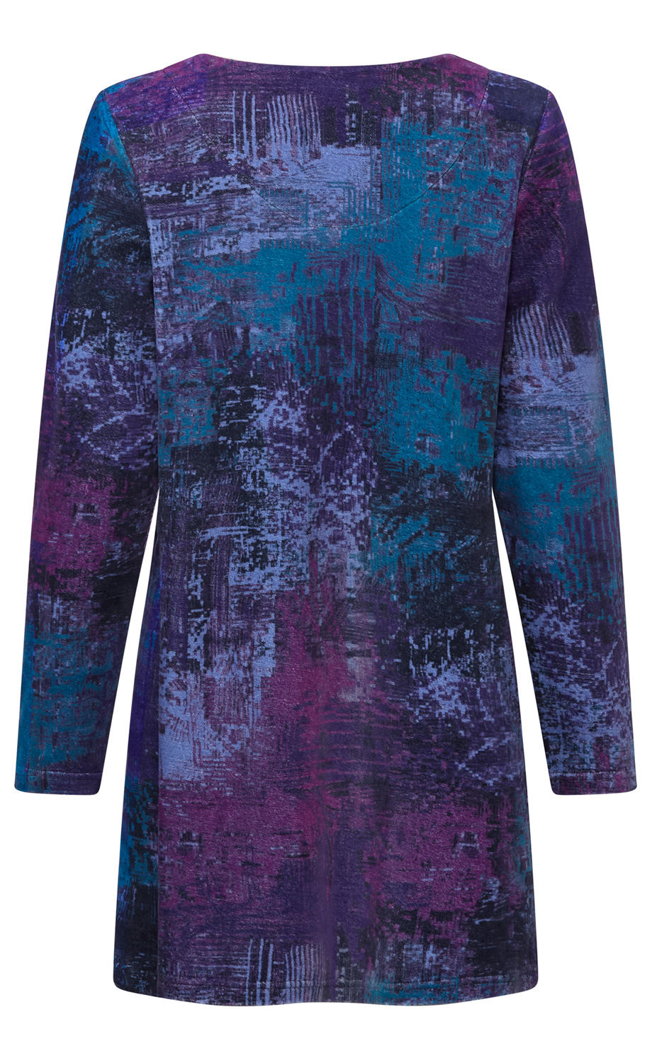 lila-blau gemustertes langärmeliges Damenkleid mit abstraktem geometrischem Design, tailliert, knielang, Rückansicht, weiche Textur