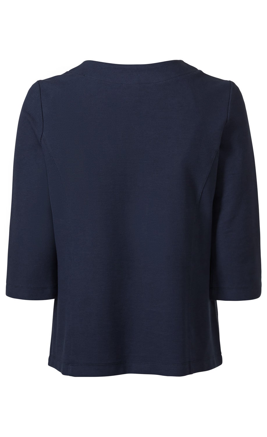 Dunkelblaues Baumwoll-Shirt mit 3/4-Ärmeln, Rundhalsausschnitt, hinten abgebildet, schlichtes Design ohne Muster oder Verzierungen