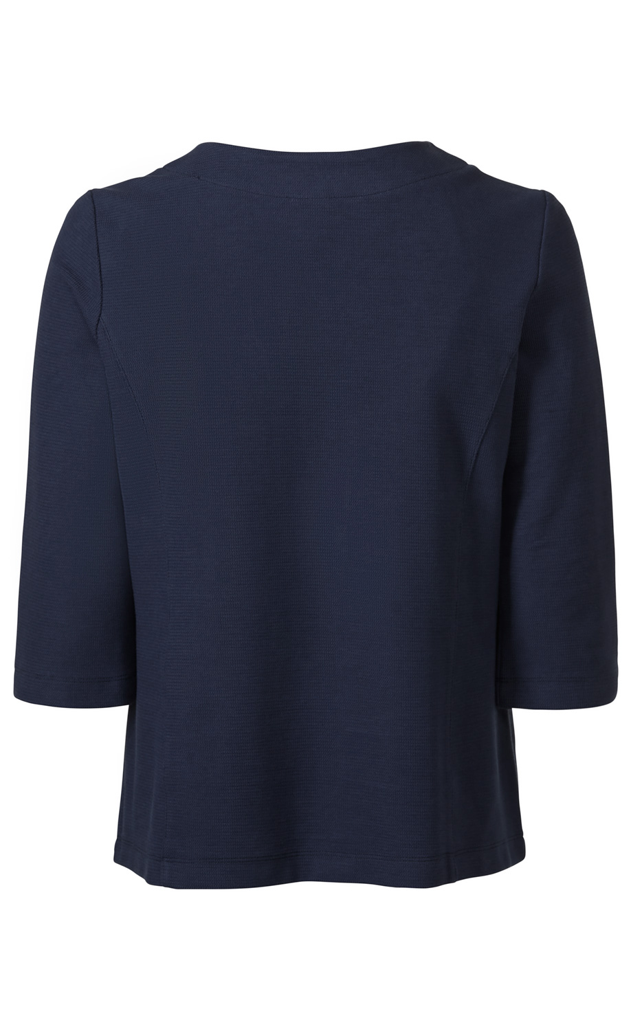 Dunkelblaues Baumwoll-Shirt mit 3/4-Ärmeln, Rundhalsausschnitt, hinten abgebildet, schlichtes Design ohne Muster oder Verzierungen