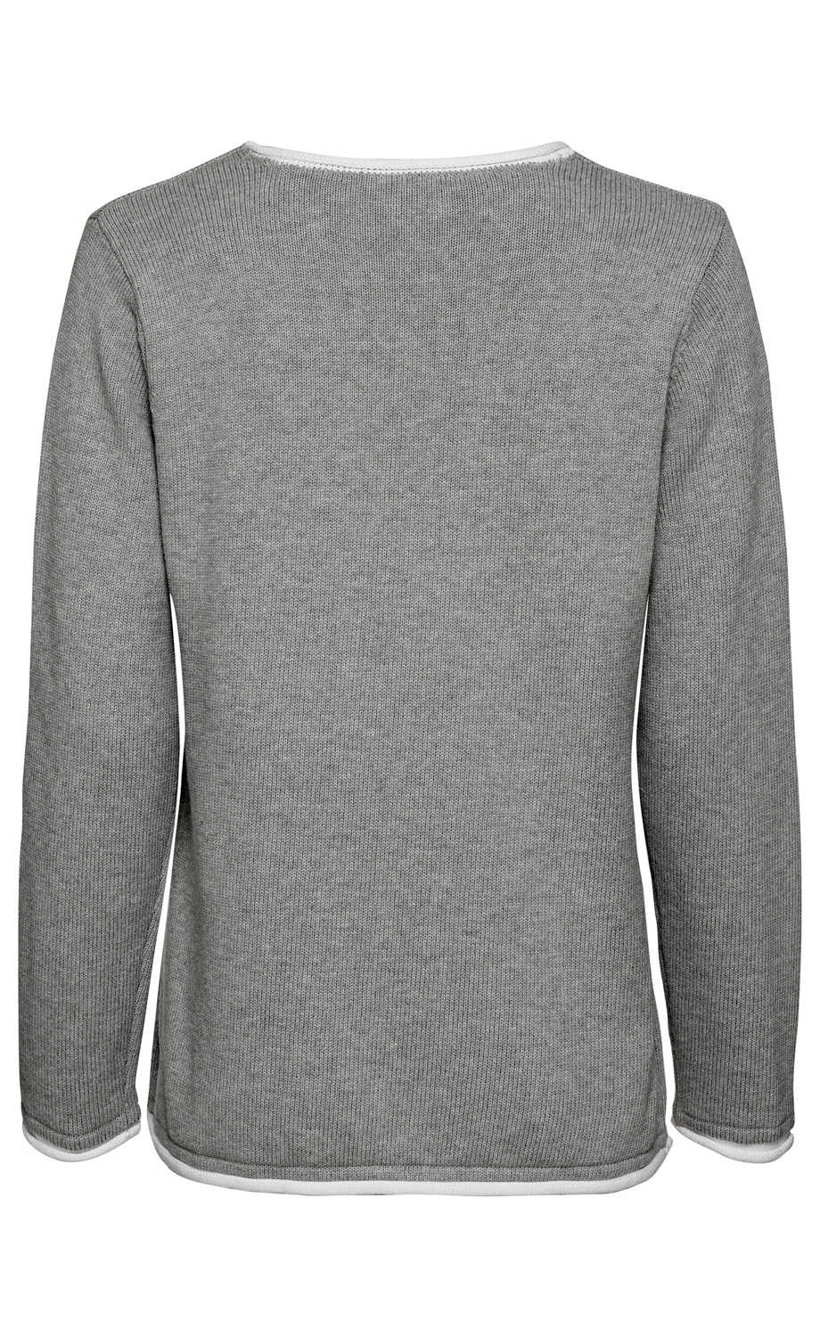 Rückansicht eines grauen Baumwoll-Pullovers mit langer Ärmeln, geradem Saum und weißen Kanten an Hals, Bündchen und Saum, schlichtes und feingestricktes Design