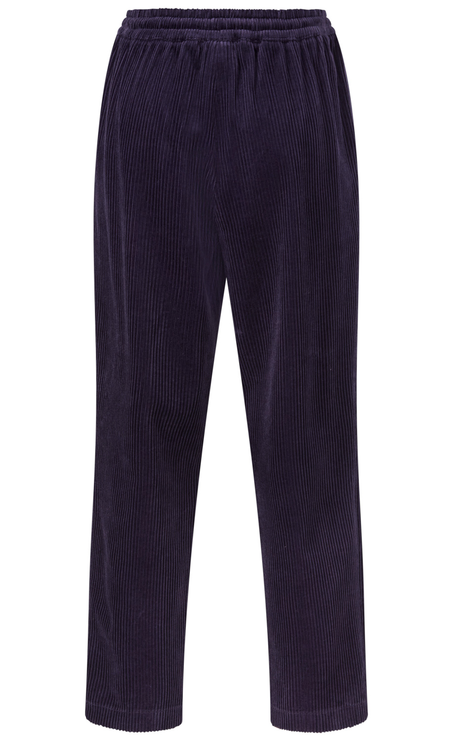 dunkelblaue, weite Cordhose mit elastischem Bund, geradem Schnitt und feinen Längsrippen, lange Hose ohne sichtbare Taschen oder Muster