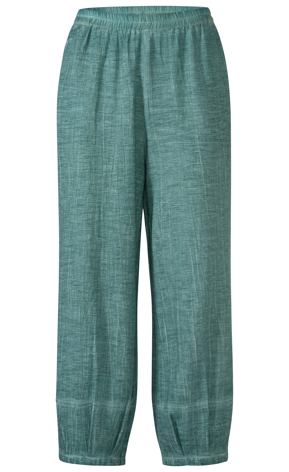 Baumwoll-Hose in grün mit elastischem Bund, weiter Schnitt, leichte Struktur und Bündchen am Beinabschluss, locker und bequem, ohne Taschen oder Muster, einfärbig, casual Stil