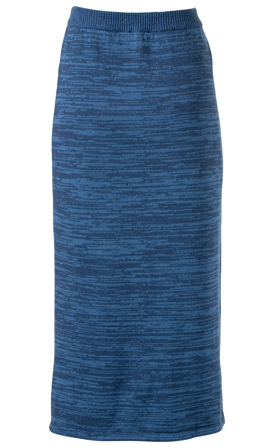 Blauer Baumwoll-Rock mit elastischem Bund, knieumspielender Länge und feinem, meliertem Strickmuster.