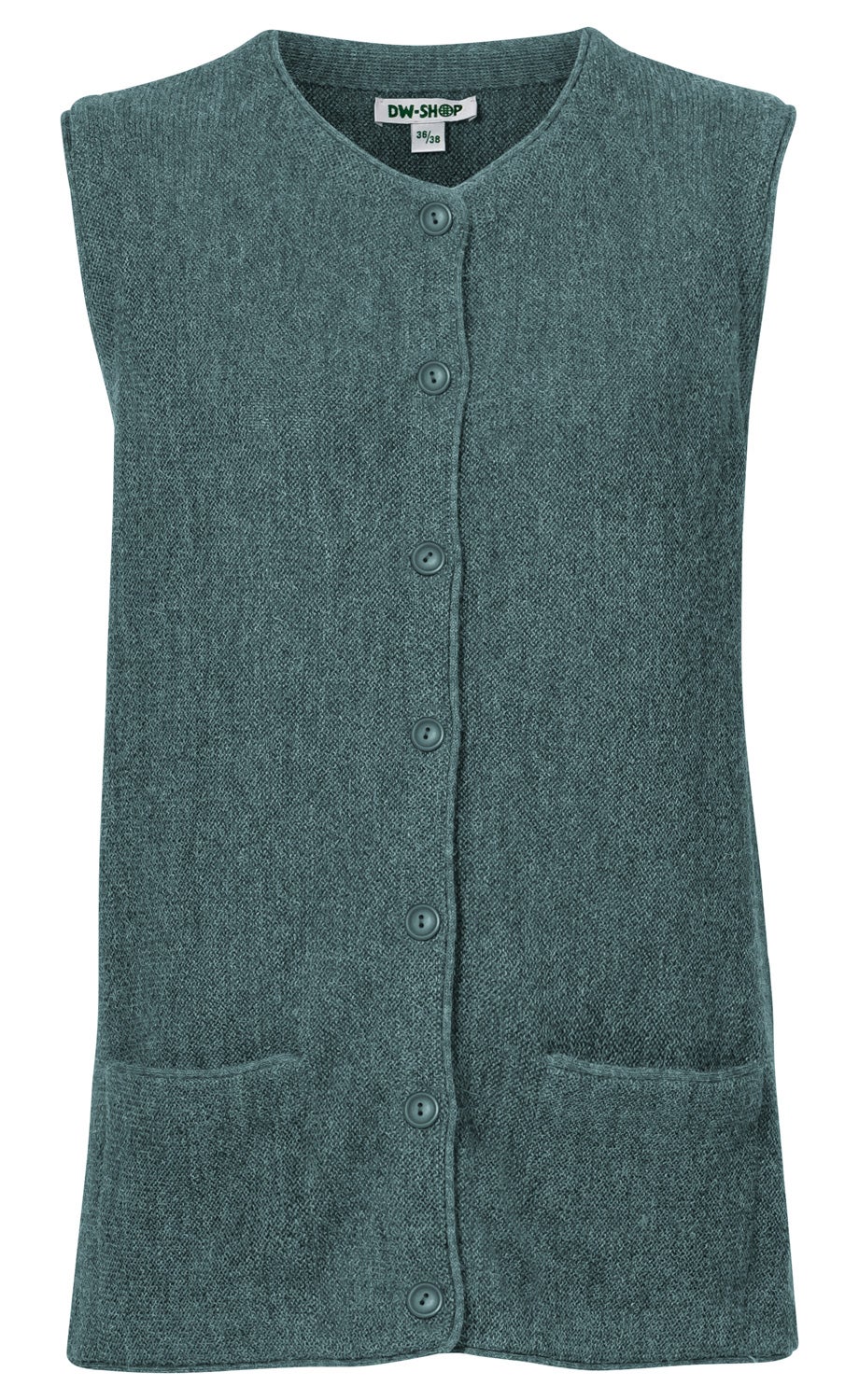 Alpaka-Weste für Damen in grau-blau, ärmellos mit V-Ausschnitt, durchgehender Knopfleiste, zwei aufgesetzten Taschen vorne und weichem Strickmaterial