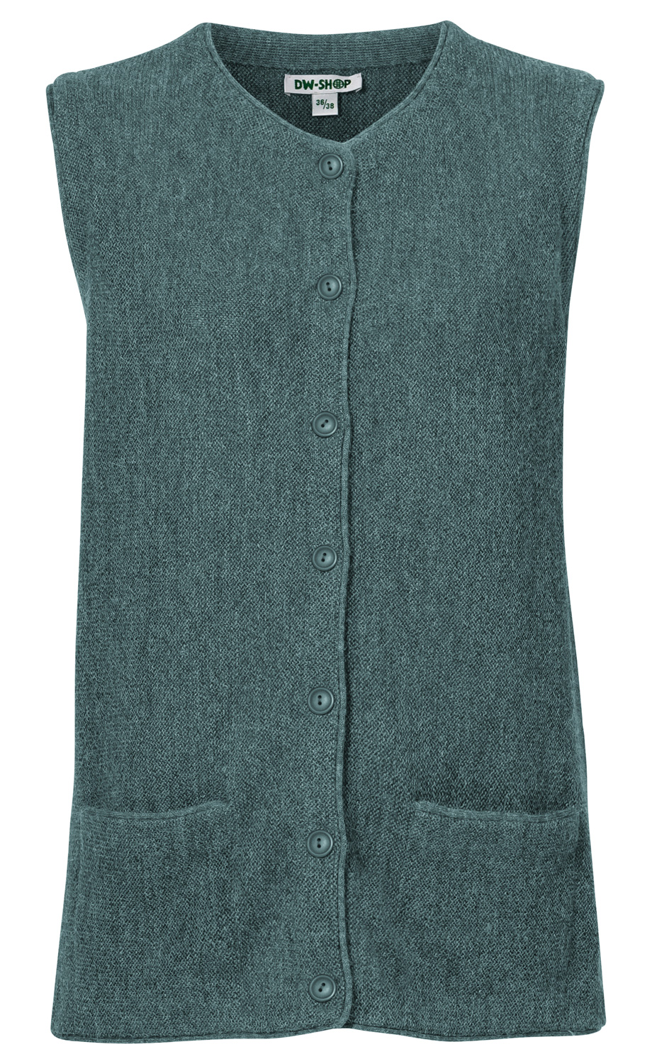 Alpaka-Weste für Damen in grau-blau, ärmellos mit V-Ausschnitt, durchgehender Knopfleiste, zwei aufgesetzten Taschen vorne und weichem Strickmaterial