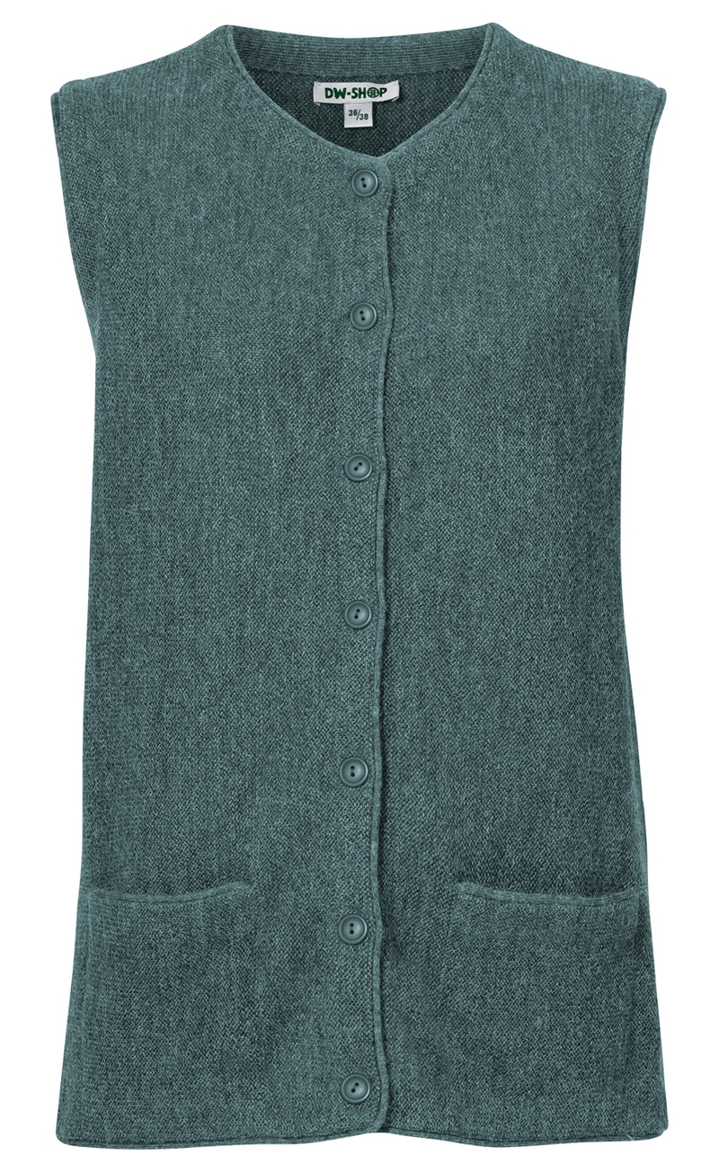 Alpaka-Weste für Damen in grau-blau, ärmellos mit V-Ausschnitt, durchgehender Knopfleiste, zwei aufgesetzten Taschen vorne und weichem Strickmaterial