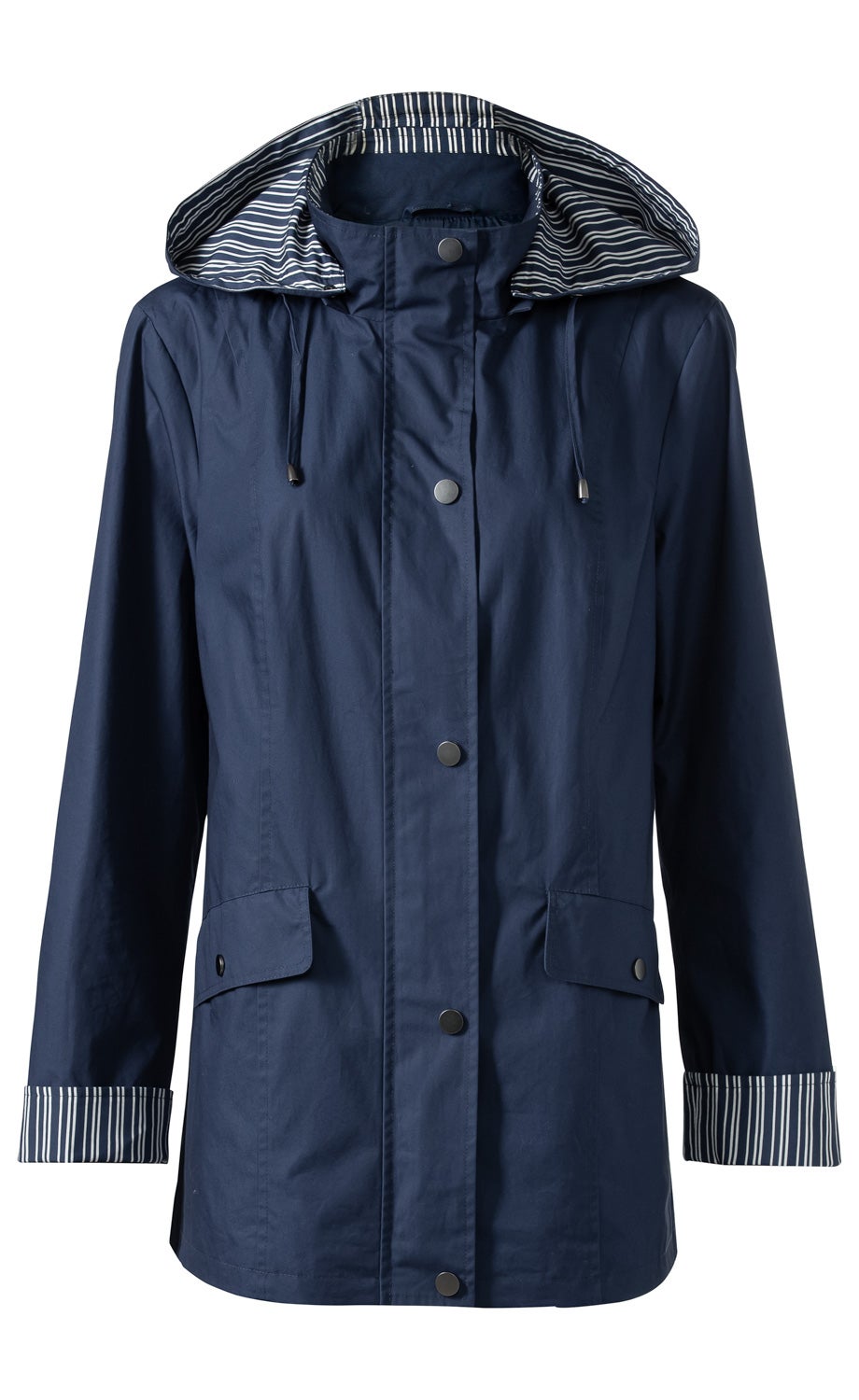 Dunkelblaue Baumwoll-Jacke mit Kapuze, gestreiftem Innenfutter, langen Ärmeln mit gestreiften Umschlägen, Fronttaschen mit Klappen und Druckknöpfen, durchgehender Knopfleiste vorne