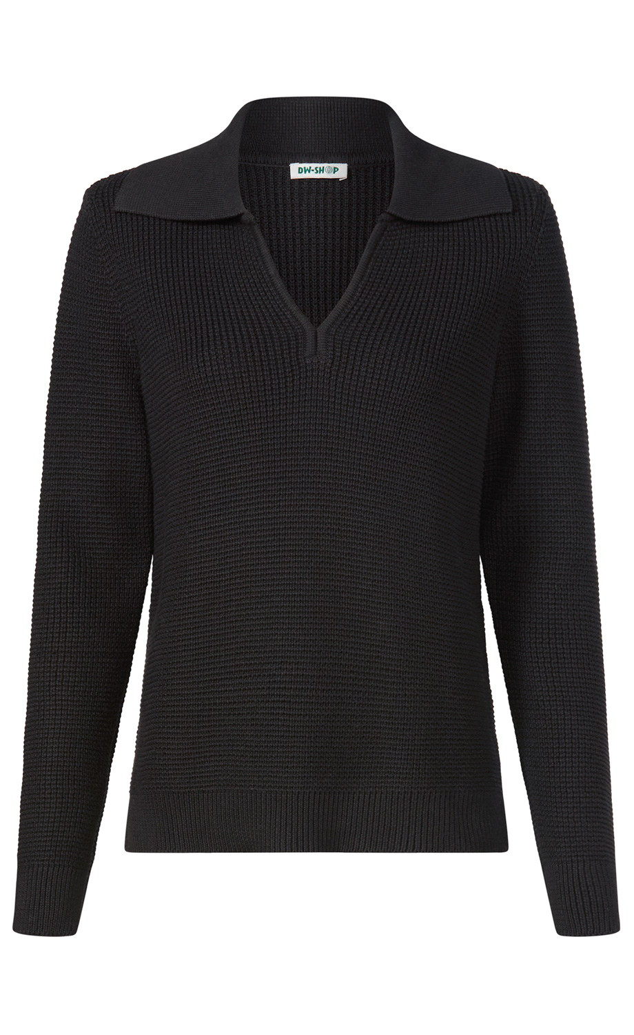 Schwarzer Damenpullover mit grobem Strickmuster, langärmlig, V-Ausschnitt mit breitem Kragen, gerippte Bündchen an Armen und Saum, lässiger Schnitt.