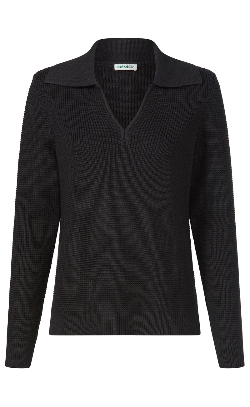 Schwarzer Damenpullover mit grobem Strickmuster, langärmlig, V-Ausschnitt mit breitem Kragen, gerippte Bündchen an Armen und Saum, lässiger Schnitt.