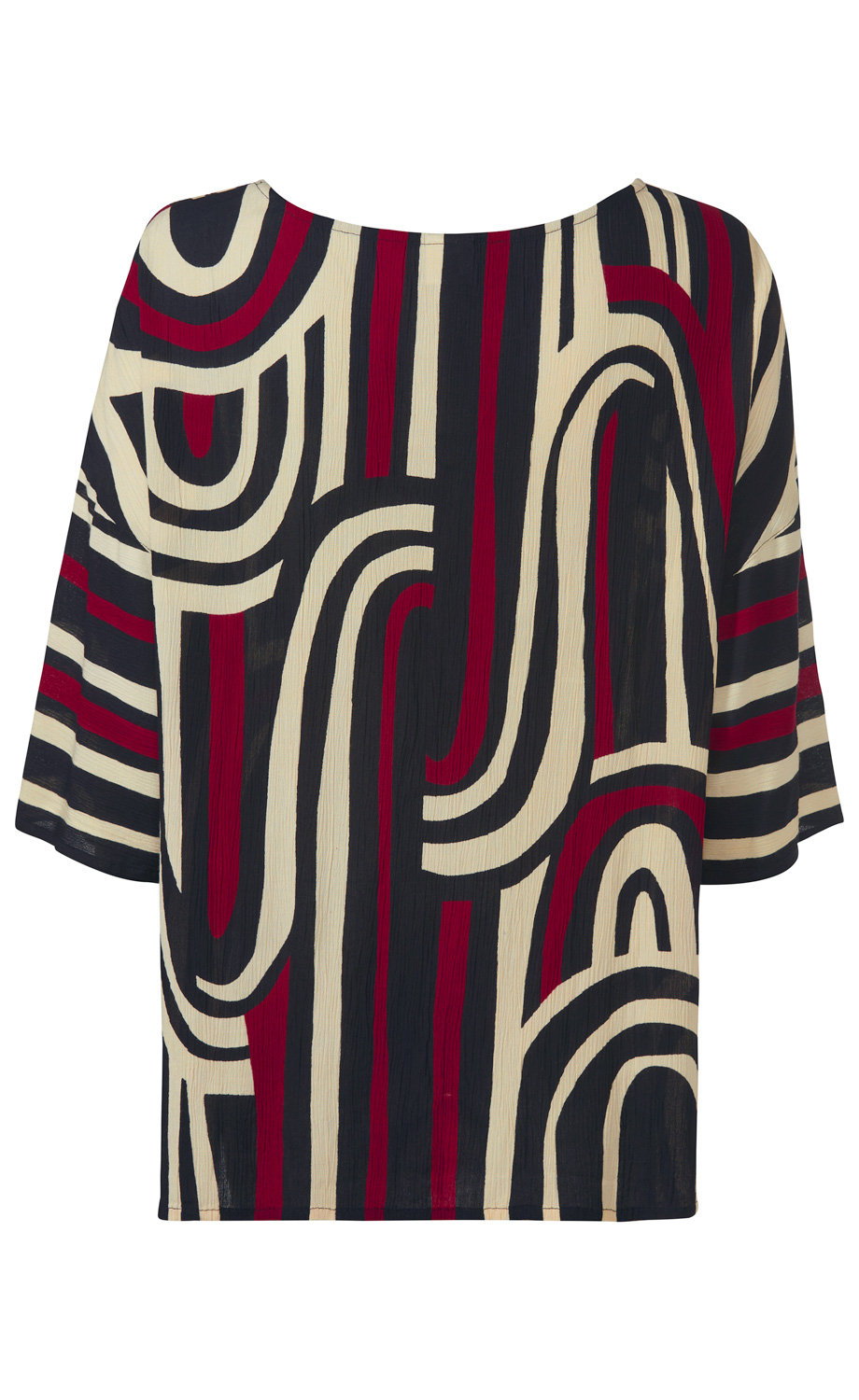 Viskose-Bluse mit weitem Schnitt, dreiviertelangen Ärmeln, schwarz-beigen und roten geschwungenen und geraden Streifenmuster, gerader Saum, strukturierter Stoff