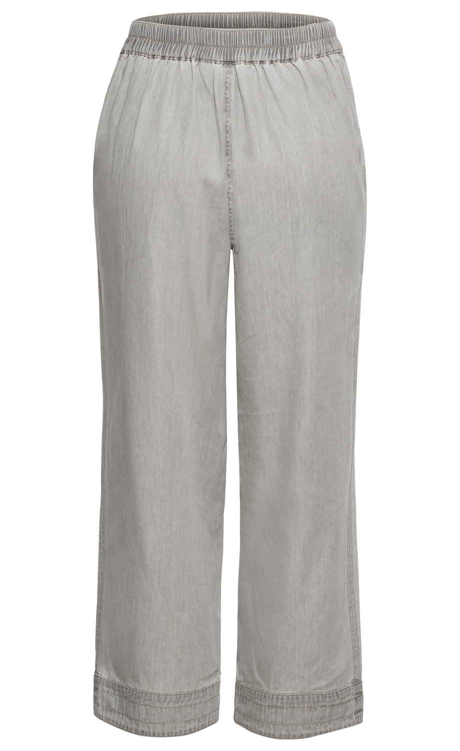 Graue Baumwoll-Hose, gerade geschnitten, elastischer Bund, leichte Faltenstruktur, Saum mit doppelter Naht und abgestepptem Muster, unifarben, ohne Taschen, sichtbar weicher Stoff