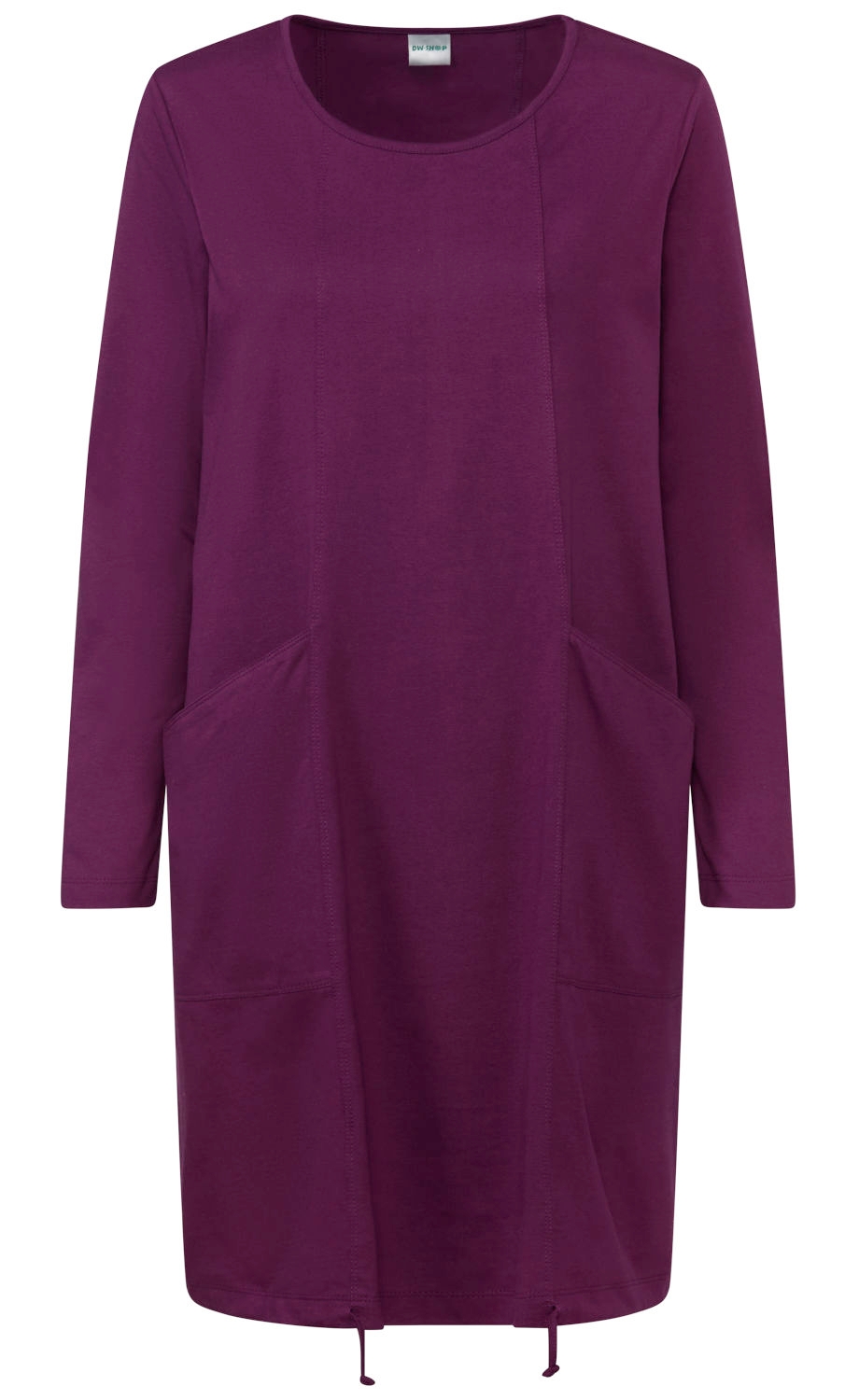Langes Damenkleid aus Baumwolljersey in dunkellila mit Rundhalsausschnitt, langen Ärmeln, zwei seitlichen Taschen und Tunnelzug am Saum.