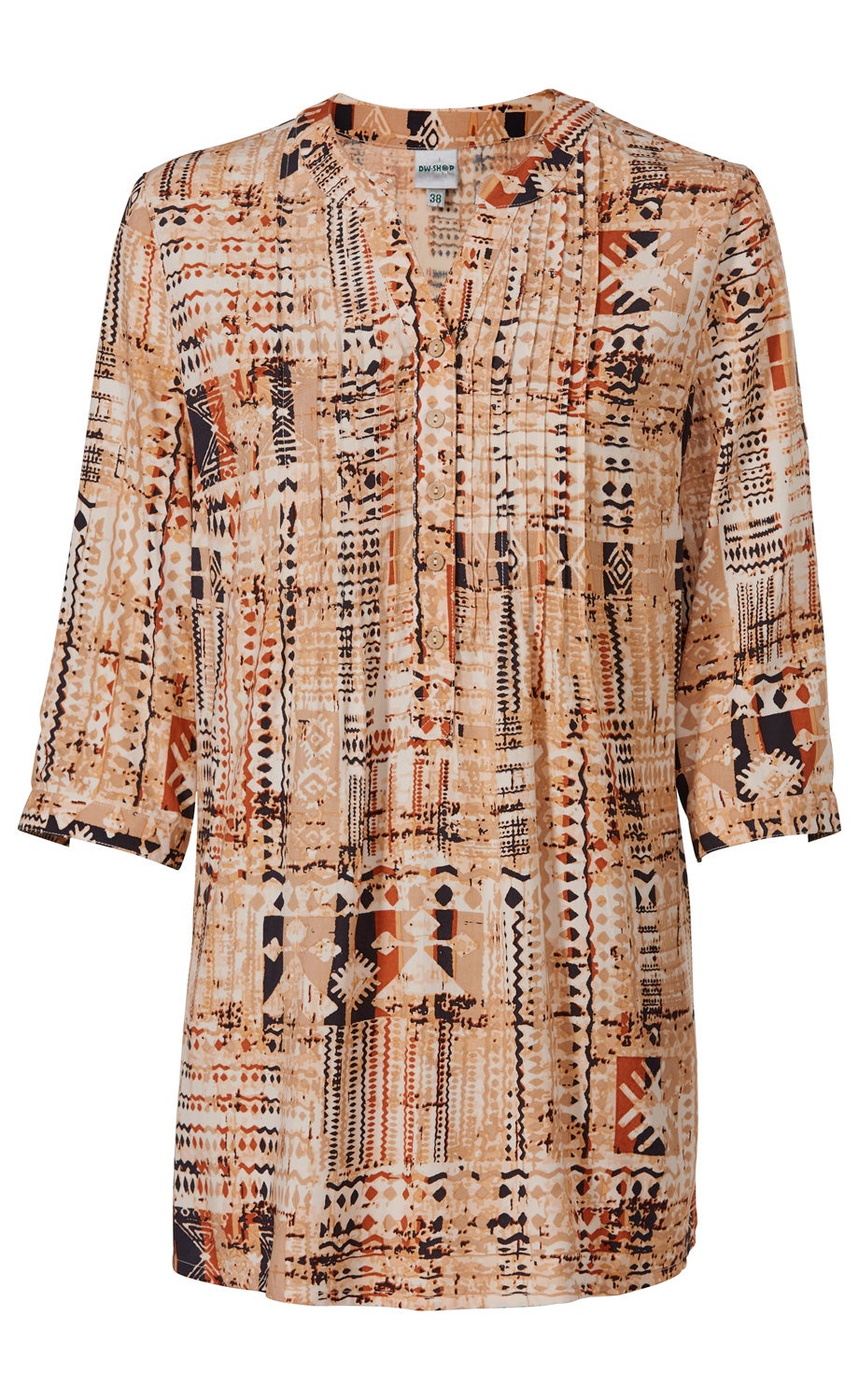 Viskose-Bluse mit 3/4-Ärmeln, mandelförmigem Ausschnitt, knöpfbarer Blende und abstraktem Muster in Beige, Braun und Schwarz