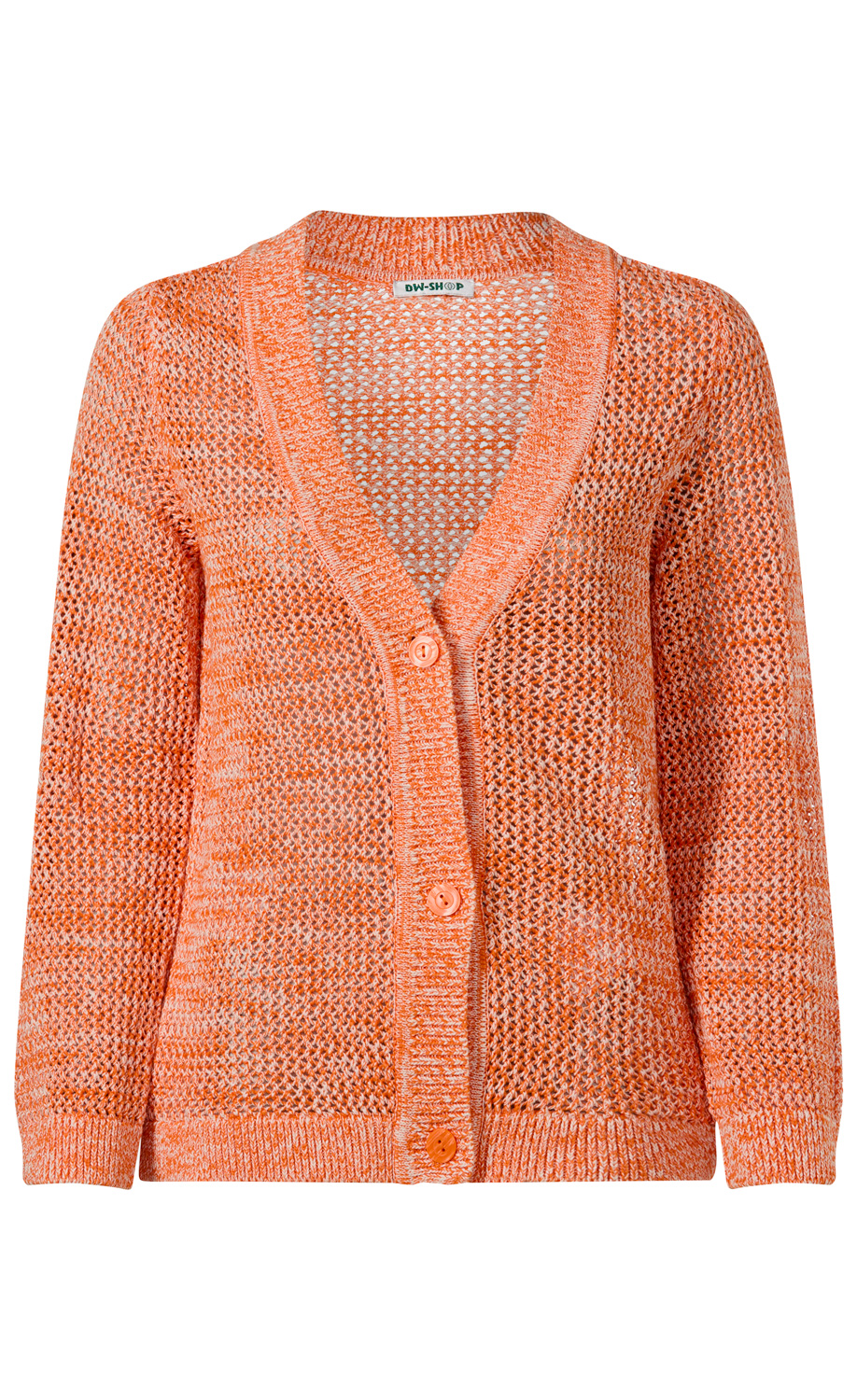 Baumwoll-Strickjacke in Orange mit offenem, grob gestricktem Muster, V-Ausschnitt, langen Ärmeln und drei Knöpfen vorne, Rippbündchen an Saum und Ärmeln, lockere Passform.