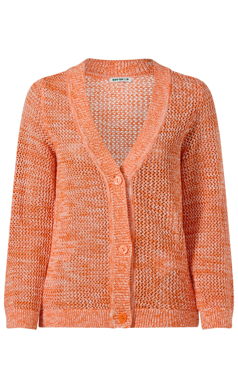 Baumwoll-Strickjacke in Orange mit offenem, grob gestricktem Muster, V-Ausschnitt, langen Ärmeln und drei Knöpfen vorne, Rippbündchen an Saum und Ärmeln, lockere Passform.