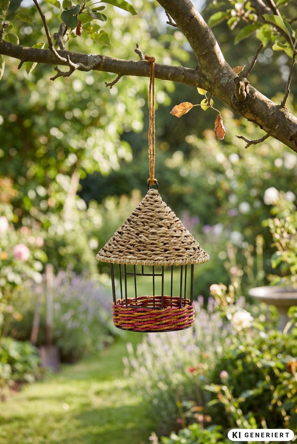 Vogelhaus aus geflochtenem Naturmaterial mit konischem Dach, hängend an Baumast im sonnigen Garten mit grünen Pflanzen und unscharfem Hintergrund aus Rasen, Blumen und Sträuchern.