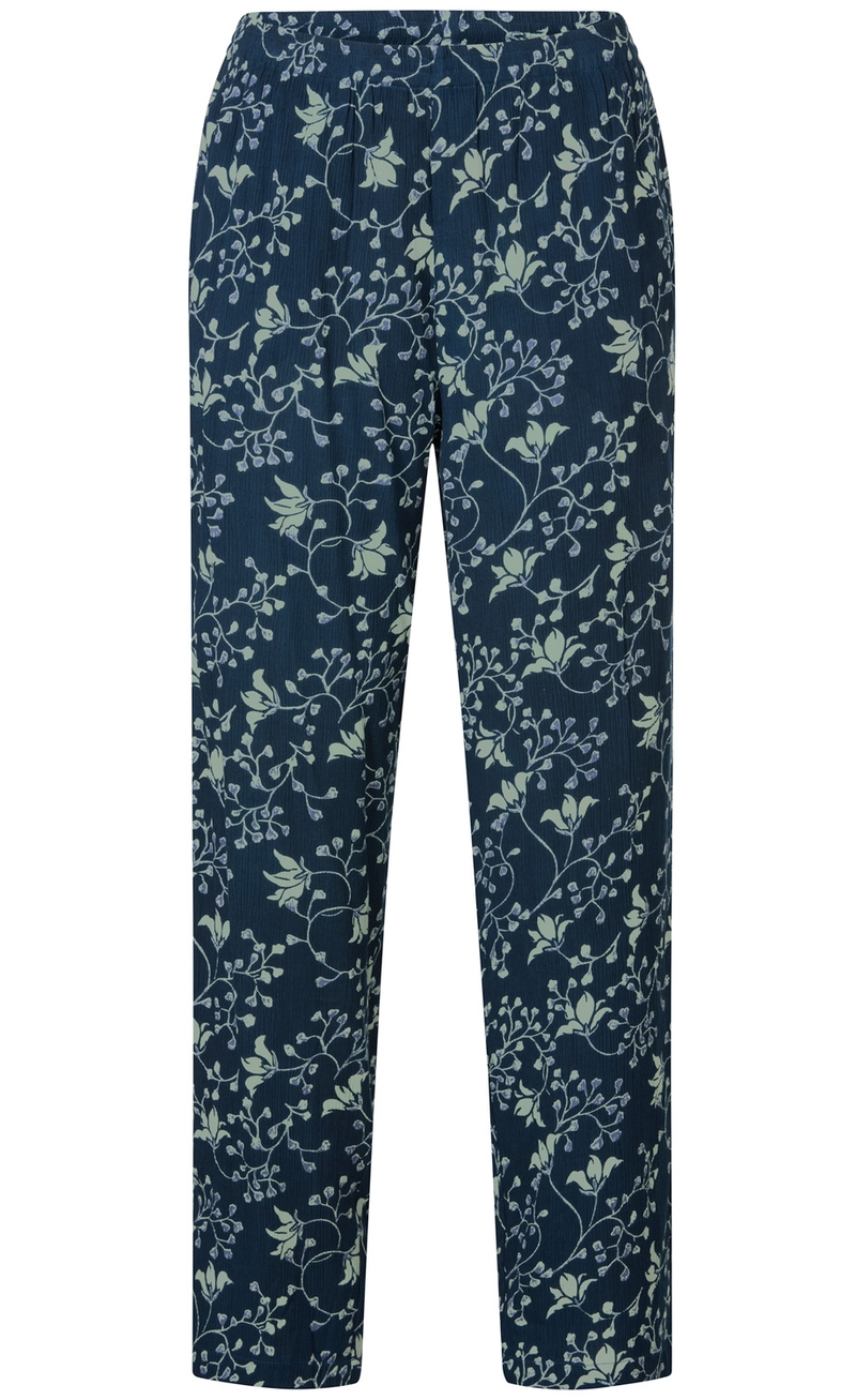 Dunkelblaue Viskose-Hose mit elastischem Bund und floralem Muster in Hellgrün und Hellblau, gerade geschnitten.