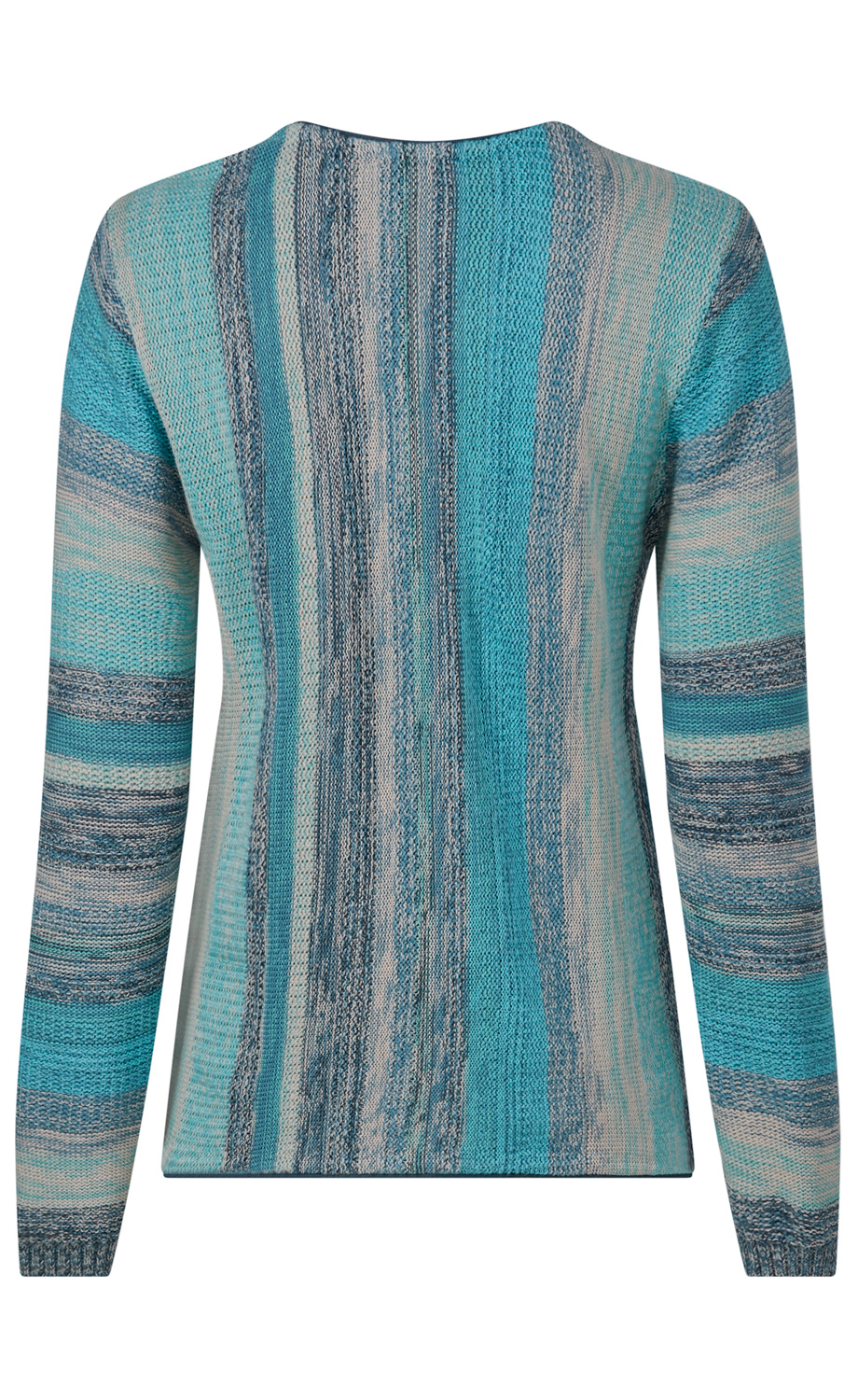 Strickpullover mit langen Ärmeln, Rückansicht, blau, türkis und beige gestreift, verschiedene Muster und Texturen, Rundhalsausschnitt, enger Schnitt
