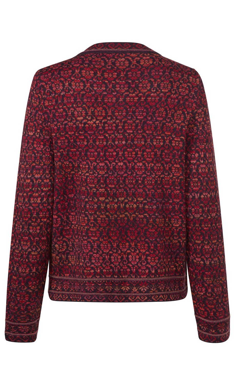 Rückansicht einer warmen Alpaka-Strickjacke mit langem Arm, rotem und braunem filigranen Blumenmuster, geradem Schnitt, Rundhalsausschnitt, Zierborten am Saum und Ärmelsaum, weiche Strickqualität