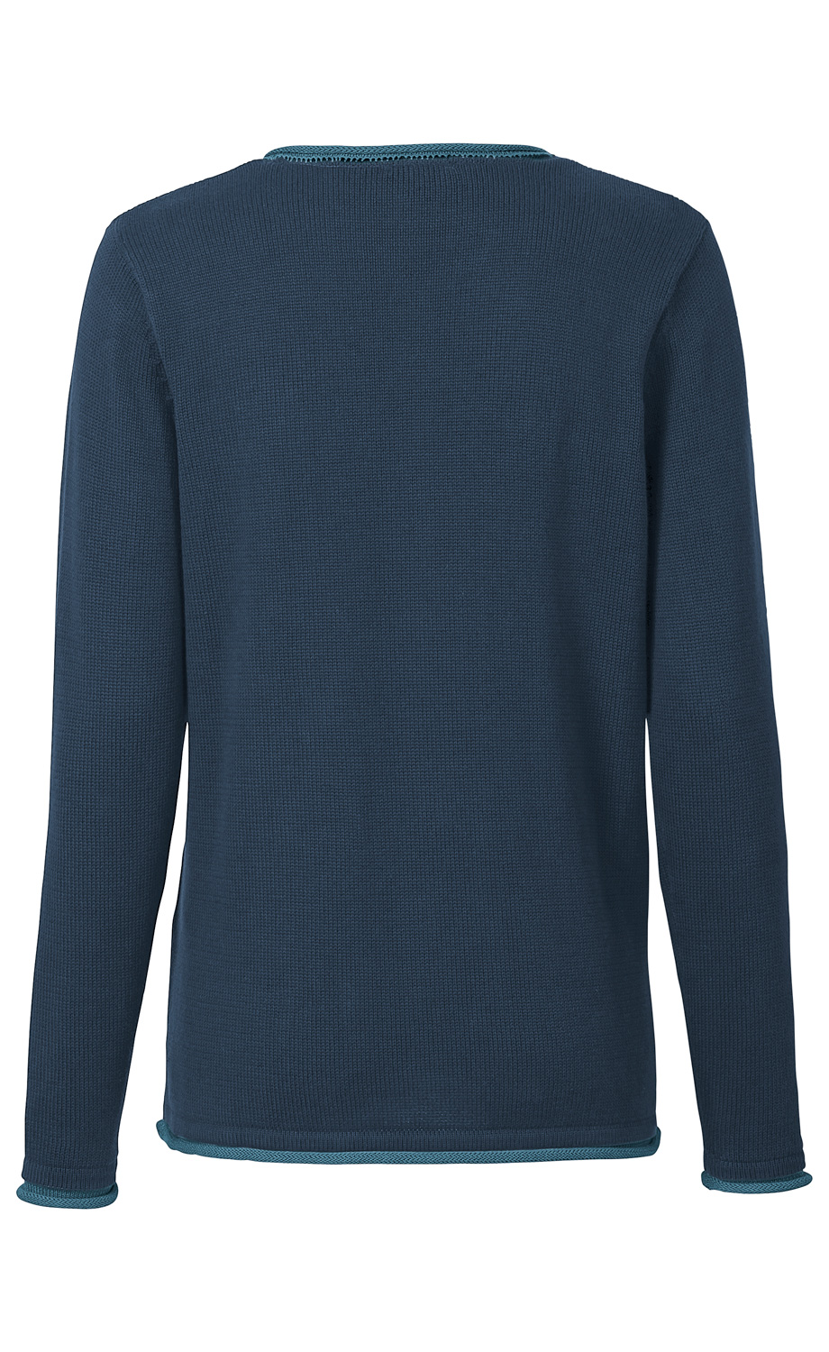 Rückansicht eines dunkelblauen Langarm-Pullovers mit feiner Strickstruktur und abgesetzten hellblauen Säumen an Kragen, Ärmeln und Saum