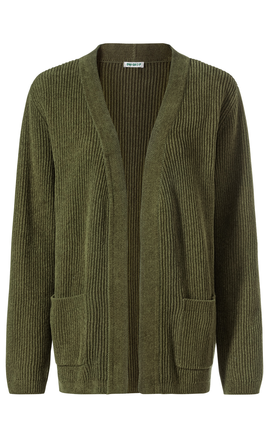 Baumwoll-Strickjacke in olivgrün mit grobem Rippstrickmuster, offenem V-Ausschnitt, langen Ärmeln und zwei aufgesetzten Taschen vorne